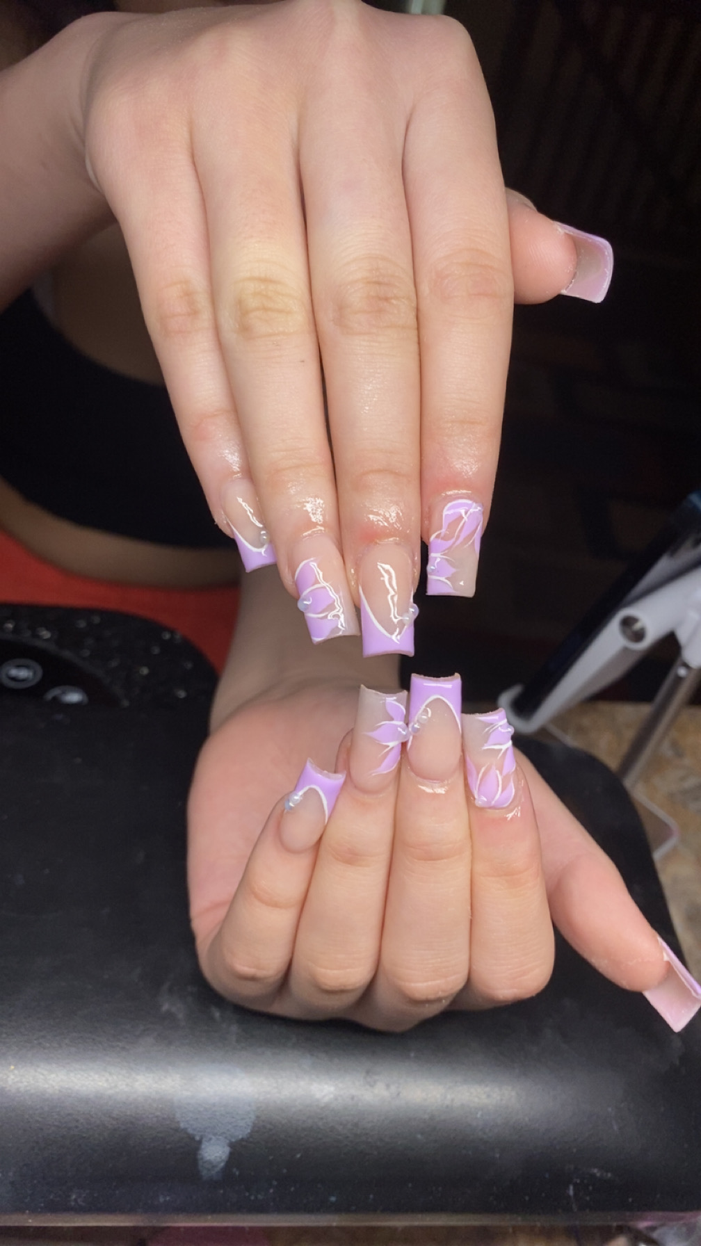 Lavender purple French tips with floral art